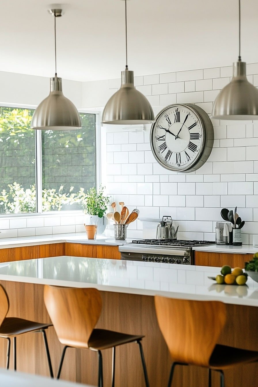 Chrome Pendant Lighting and a Roman Dial Clock – A Modern Take on 1950s Refinement