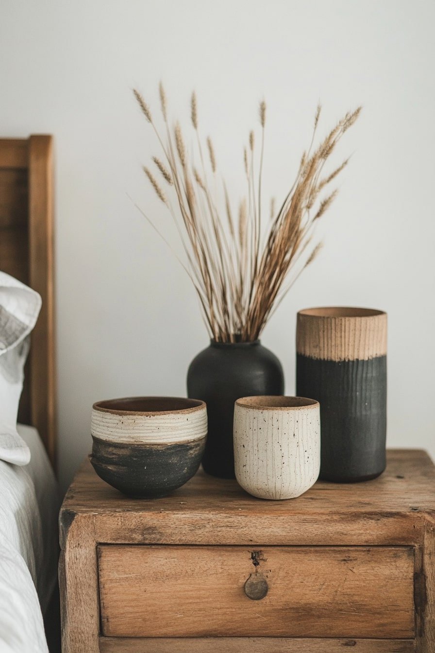 Minimalist Clay Pottery on Rustic Nightstand