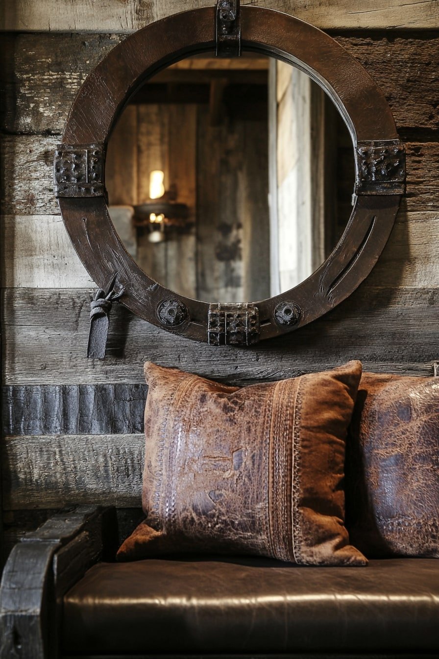 Rustic Round Mirror with Leather Accents