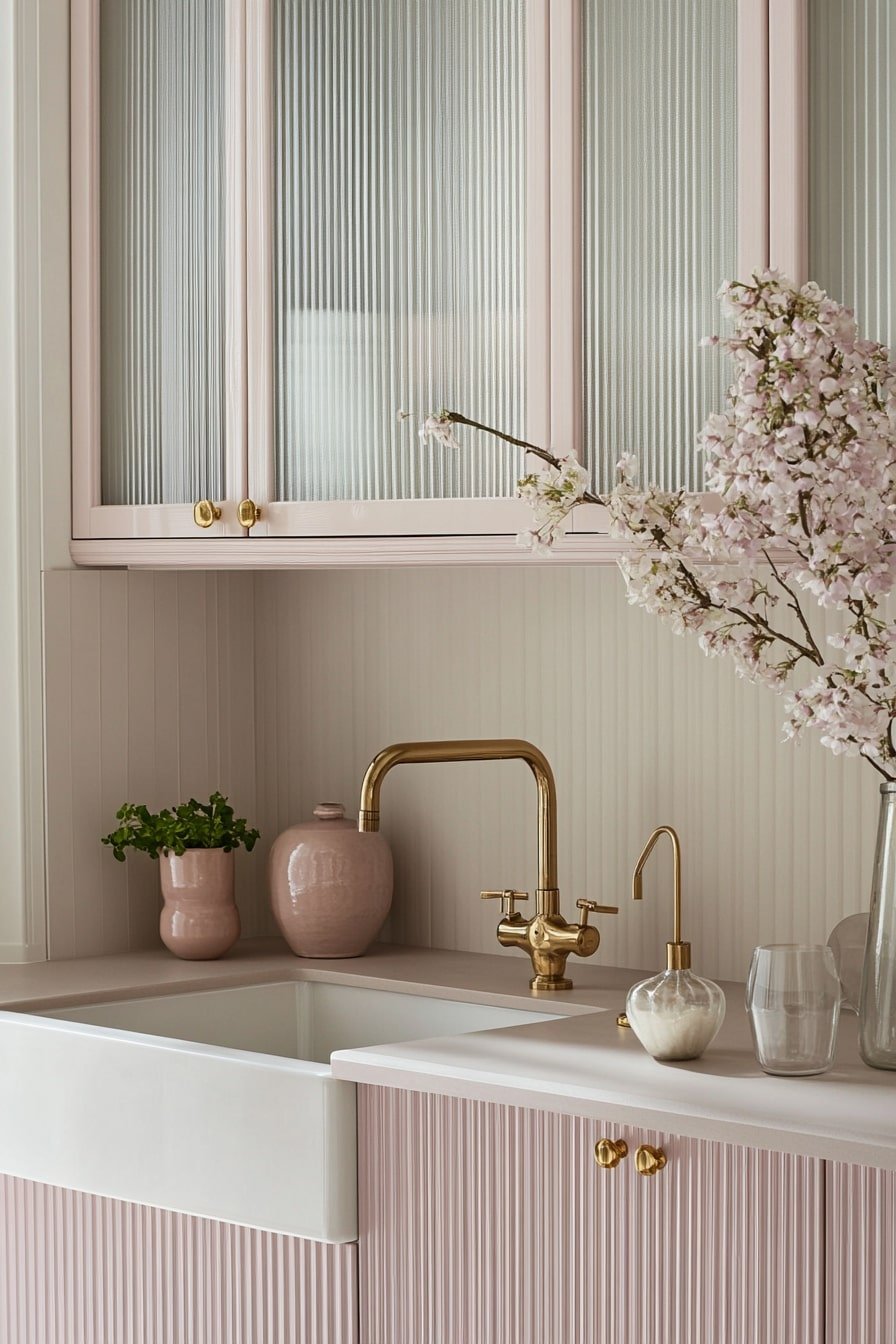 Matte Pink Serenity With Brass and Ribbed Glass