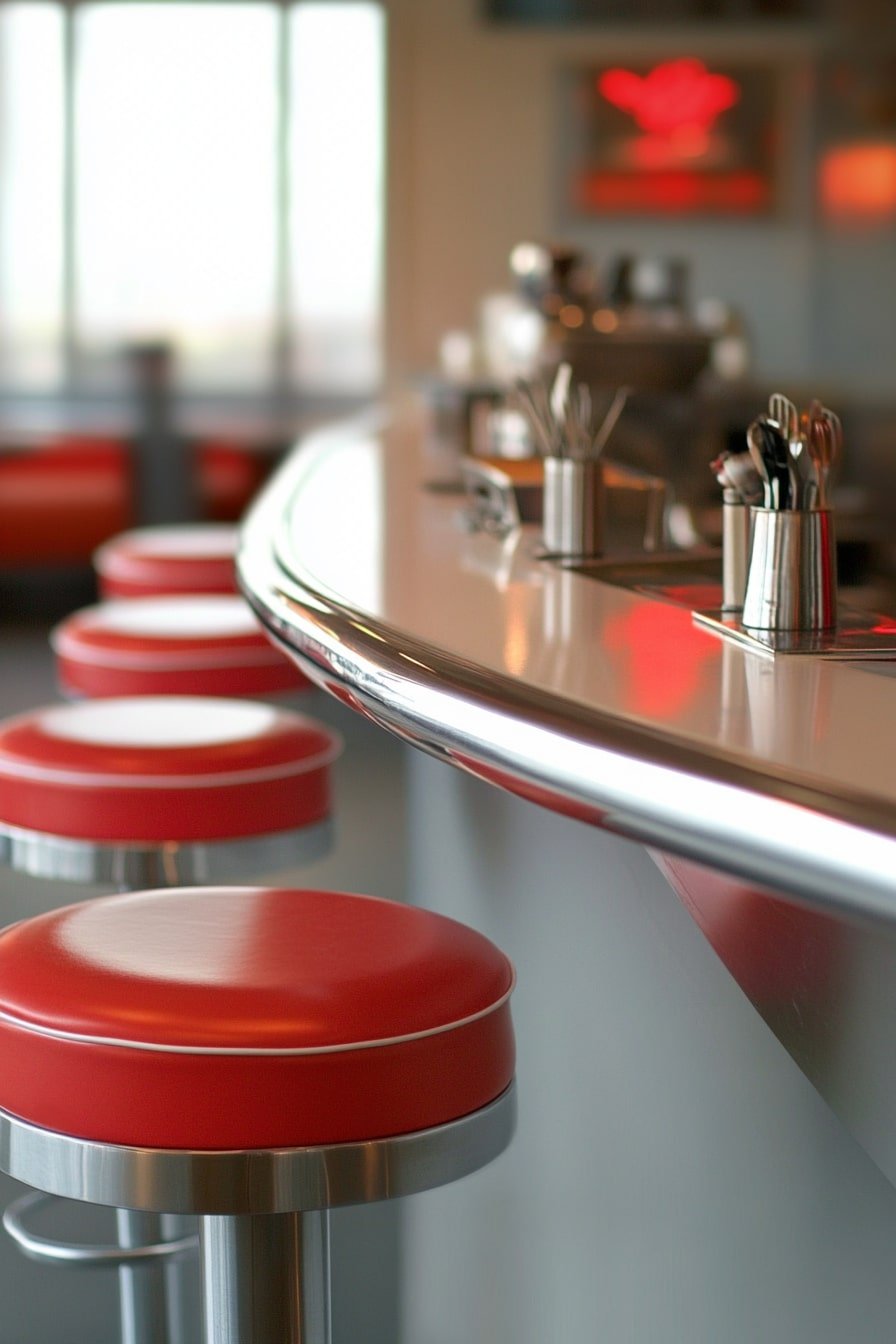 Classic Diner Counter with Retro Red Stools