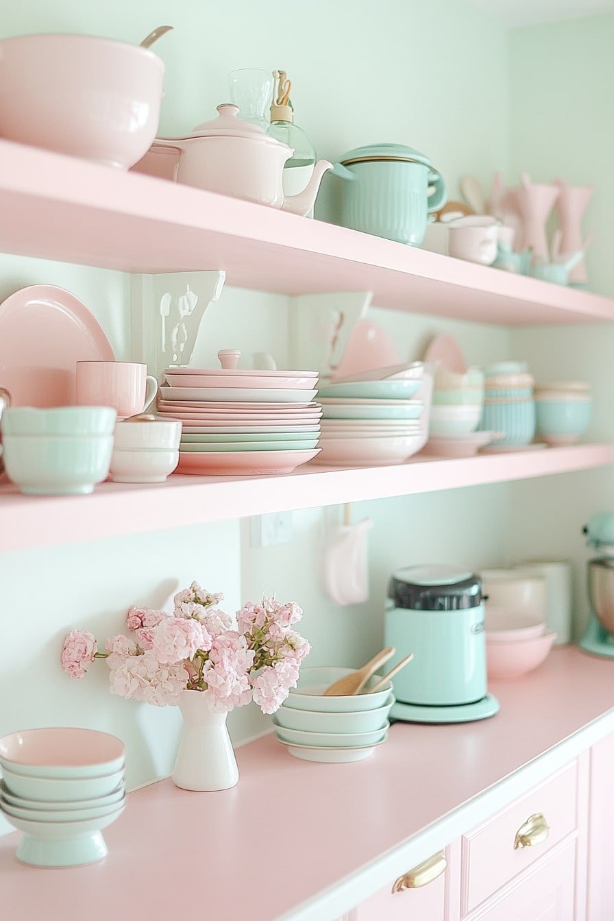 Blush Enamel Cookware on Rustic Wood Shelves
