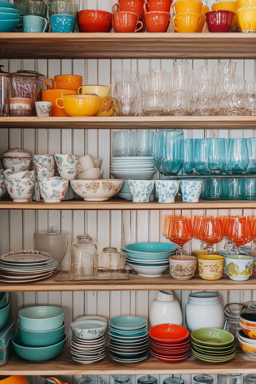 Open Shelves, Bold Stories – Colorful Dishware in a 1950s Kitchen Palette