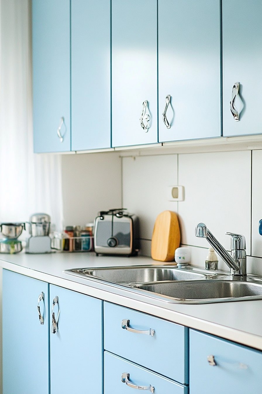 Cool and Clean—Pastel Blue Cabinets in a Retro Kitchen
