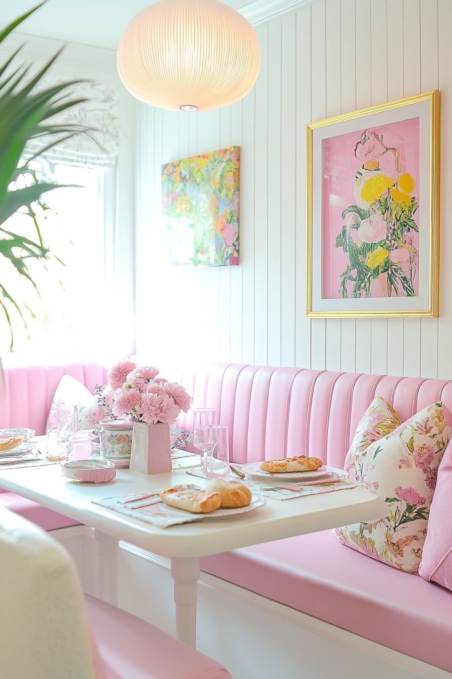 Soft Pink Banquette With Cottage Floral Touches