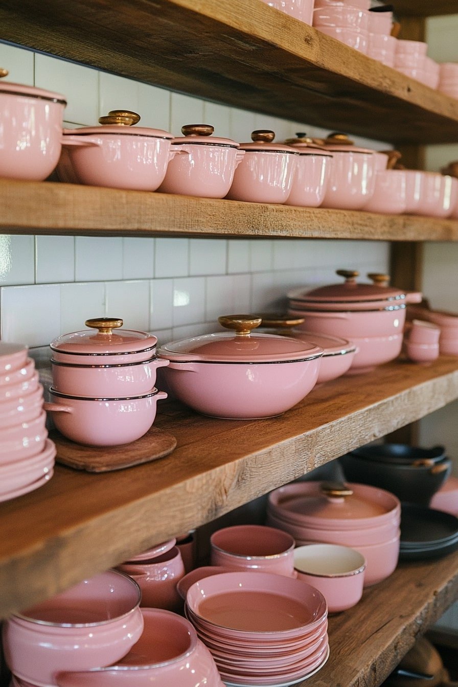 Blush Pink Cookware With Warm Rustic Shelving