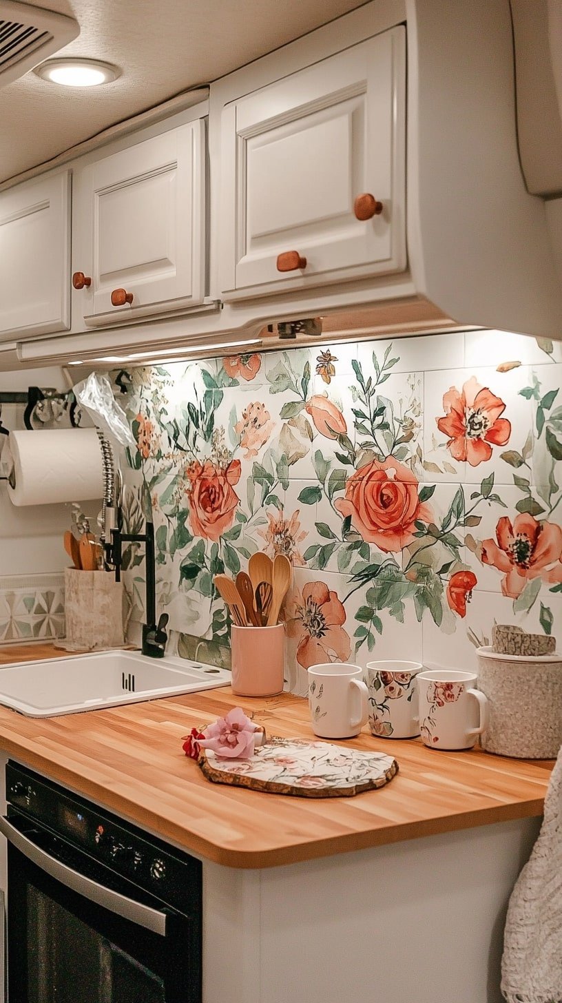 Floral Painted RV Kitchen