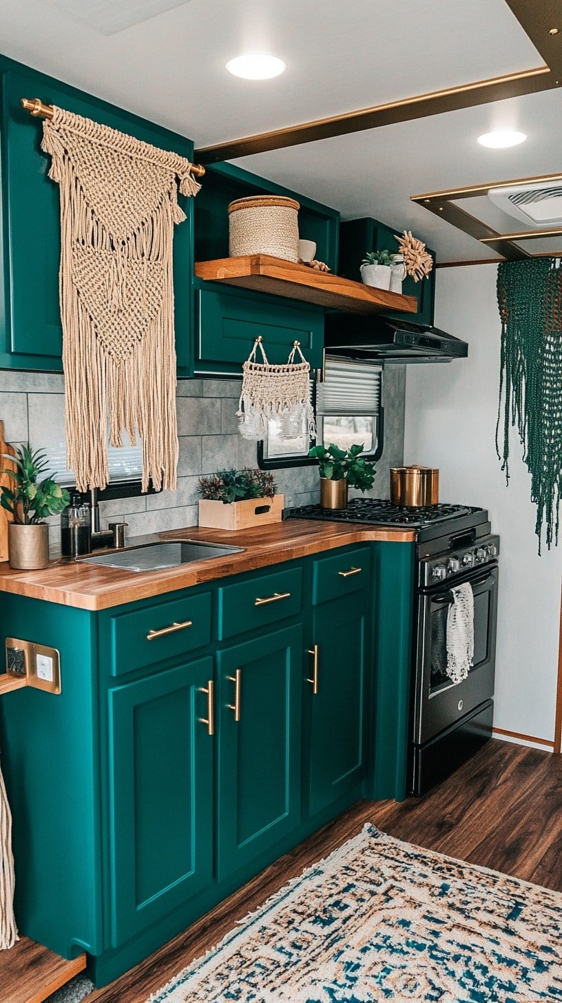 Teal Macrame RV Kitchen