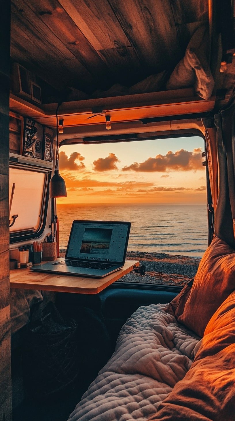 Warm Sunset Camper Office With Serene Coastal Views