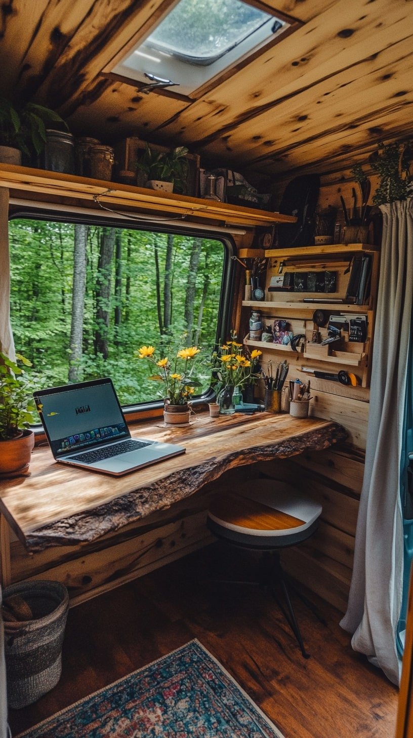 Nature-Inspired Camper Workspace With Rustic Live-Edge Charm