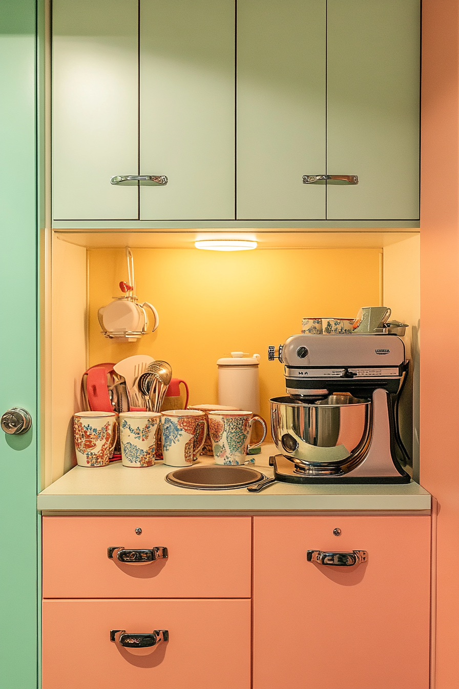 Recessed Baking Nook in Soft Pastels – A Midcentury Gem with Built-In Charm