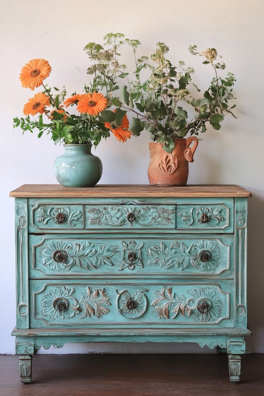 Turquoise Carved Dresser with Western Flair