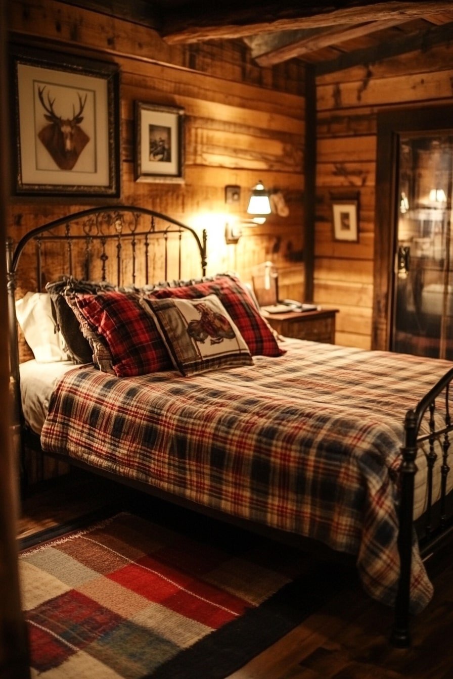 Cozy Plaid Western Bedroom with Iron Bed