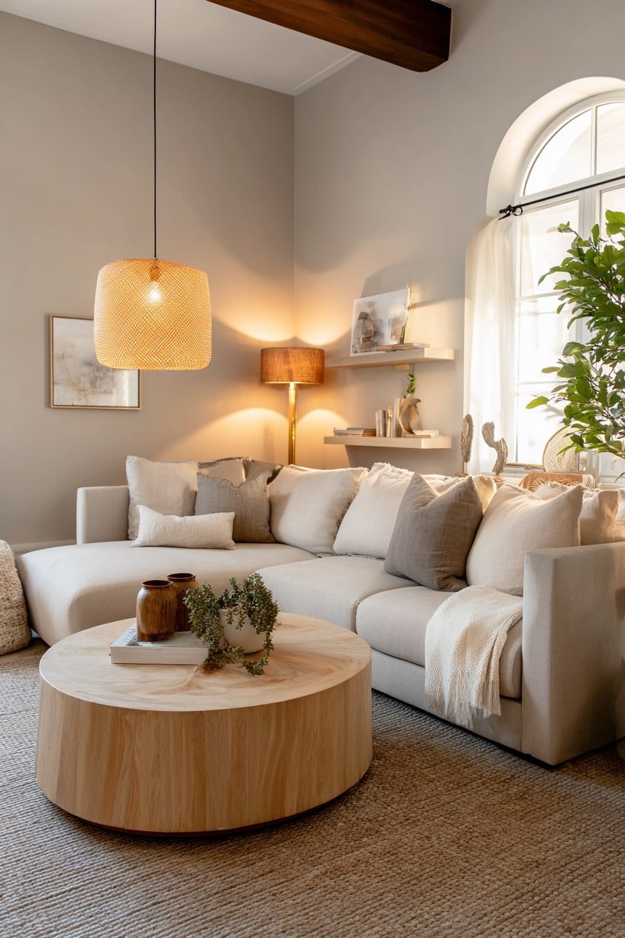 12. Warm Lighting, Neutral Sofa – Curves, Calm, and Natural Balance