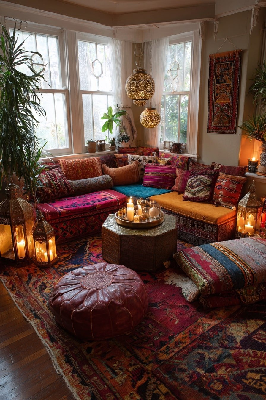 17. Bohemian Layers and Lantern Glow – A Global Cozy Corner