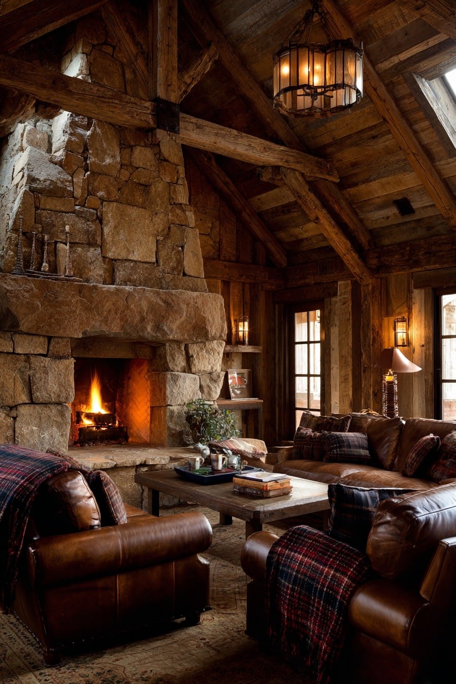 2. Rustic Cabin + Fireplace Glow – Where Timber Meets Texture
