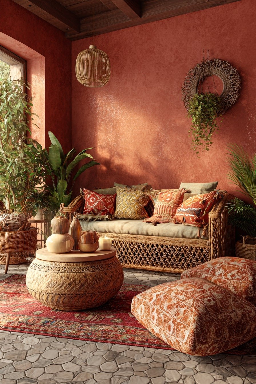 3. Earth-Toned Boho Retreat – A Sunlit Sanctuary of Textures and Pattern