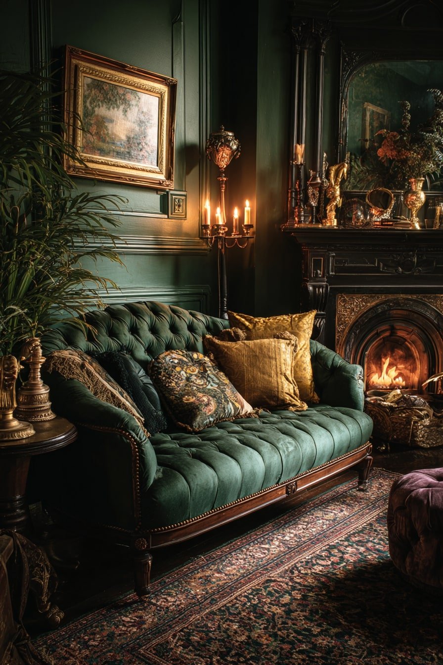 4. Velvet Shadows and Firelight – A Moody Green Comfort Zone
