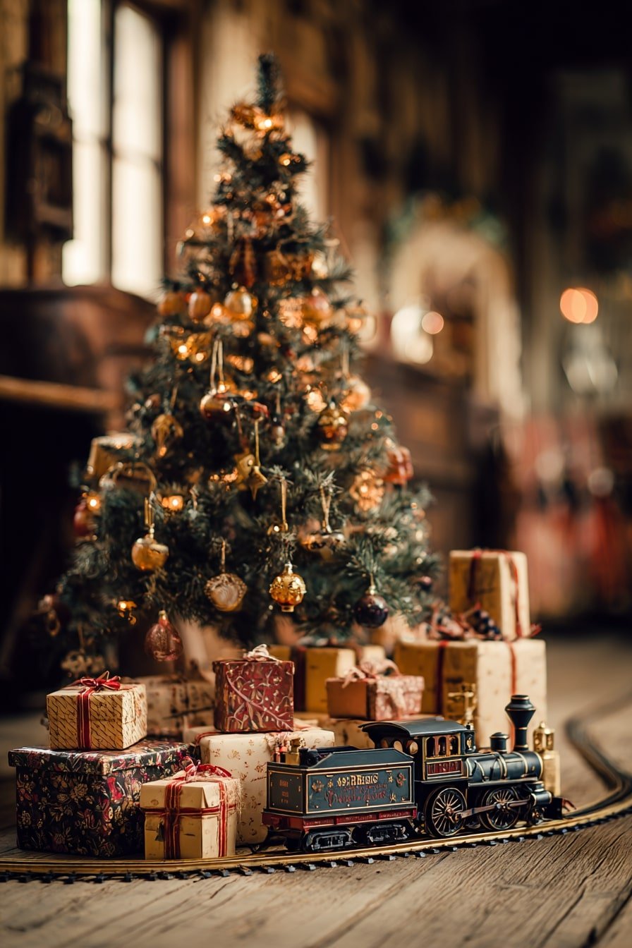 Golden Tree and Tinplate Train – A Vintage Holiday Vignette in Motion