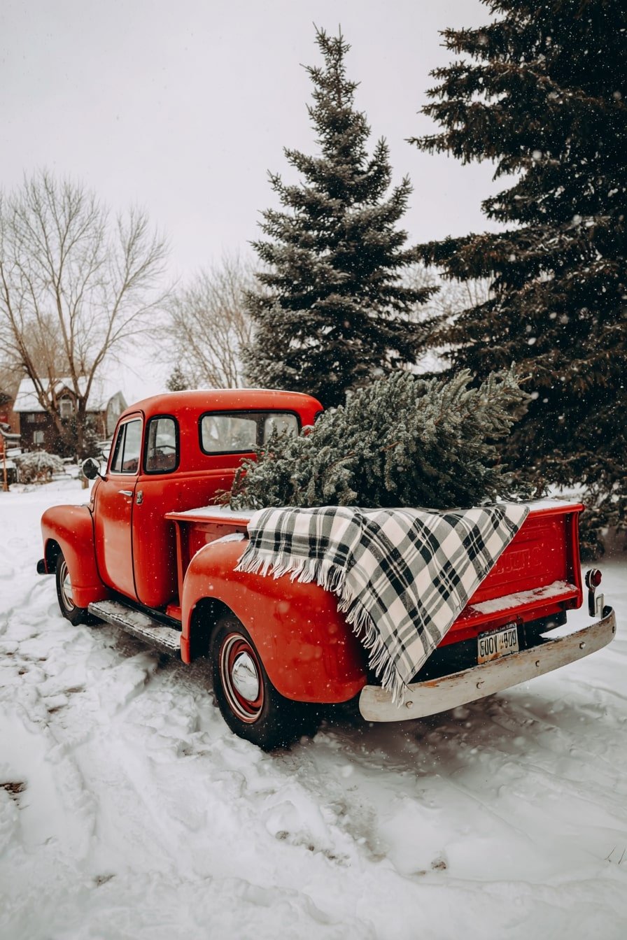 Classic Red Pickup with Tree in Tow – Nostalgia on Four Wheels