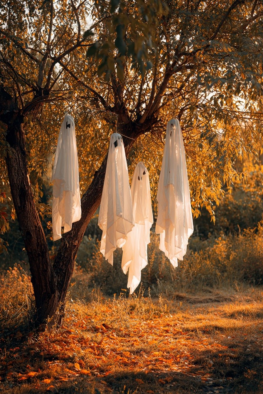 Whispering Spirits – Hanging Ghost Drapes in Autumn Trees