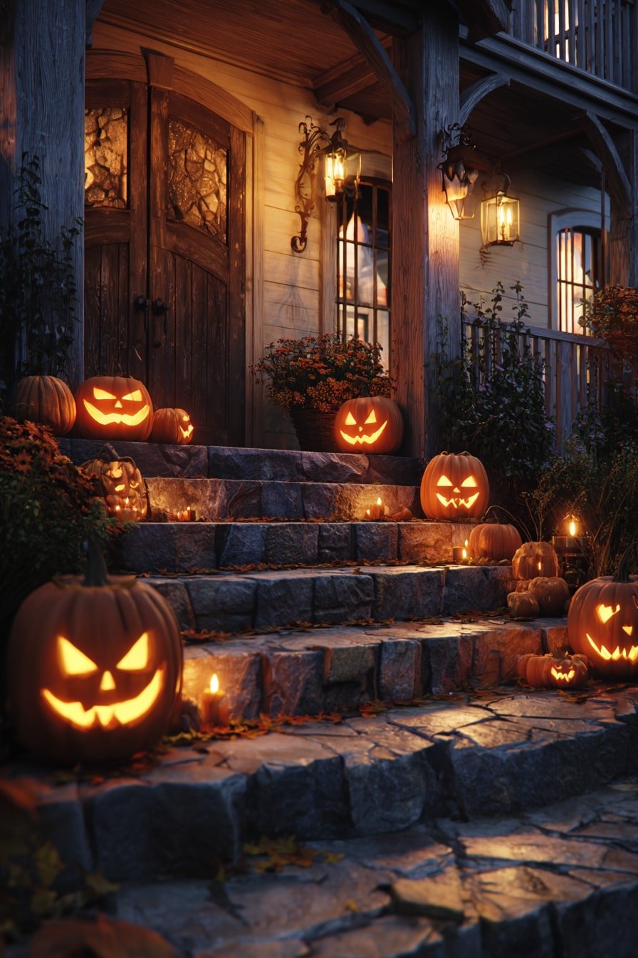 Glowing Jack-o'-Lantern Staircase – Halloween Warmth with Gothic Edge