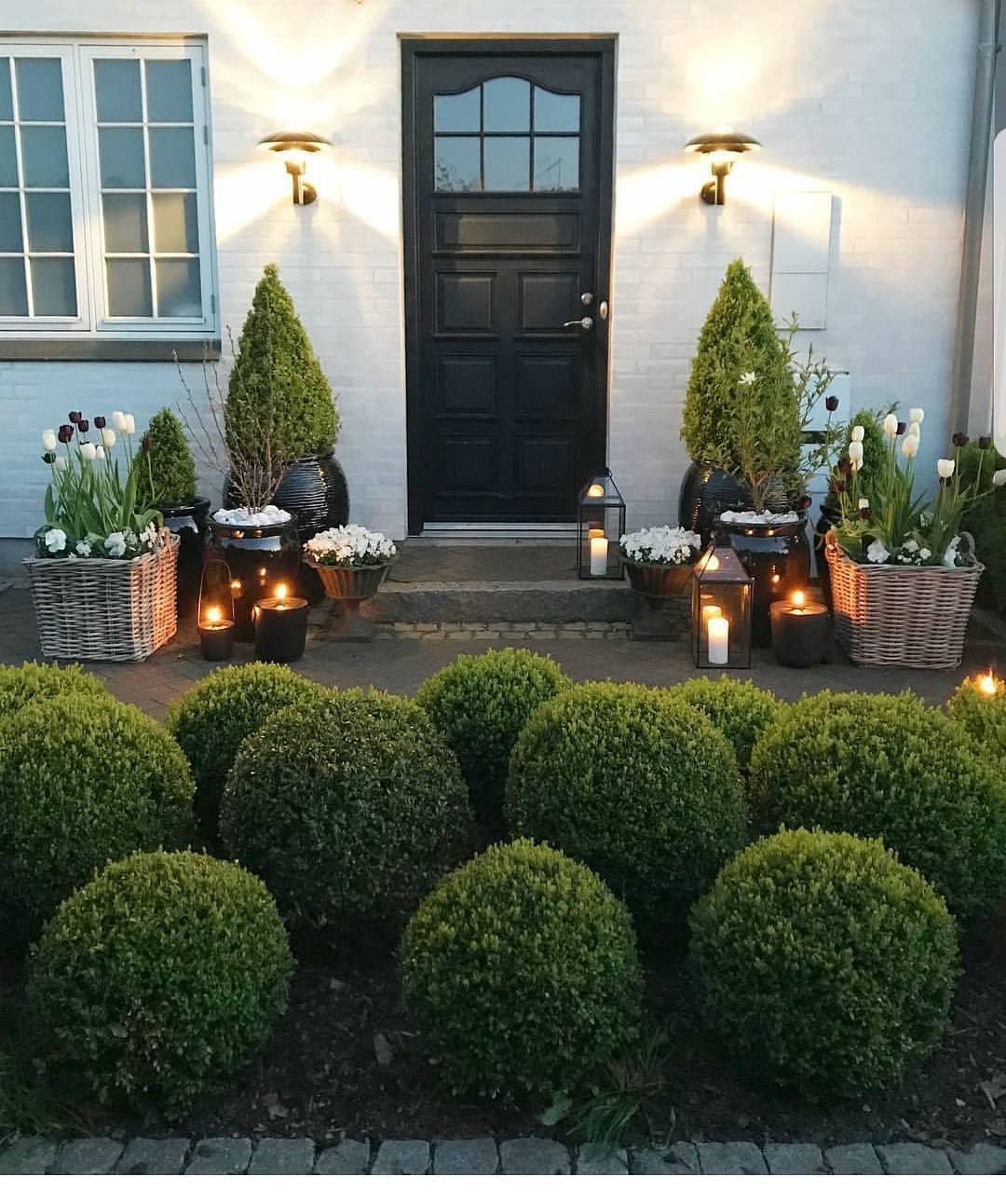 Glowing Entry Garden with Sculpted Greenery