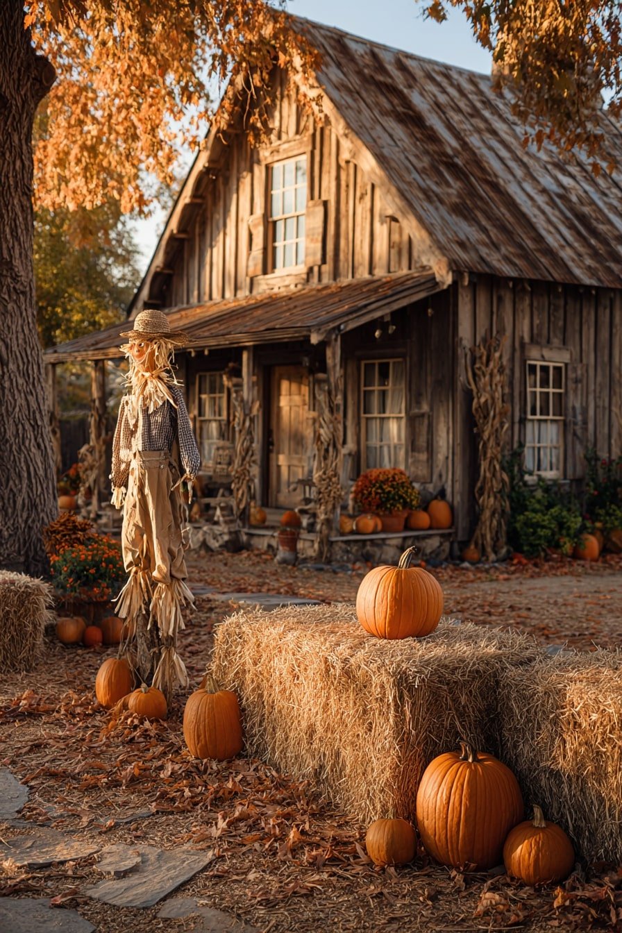 Rustic Farmhouse Vignette – Hay Bales, Pumpkins, and Autumn Mood