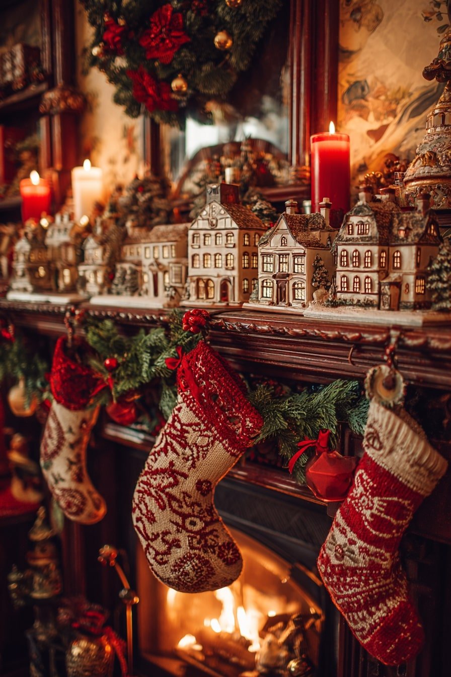 Storybook Mantel with Knitted Stockings – A Cozy Vintage Hearth