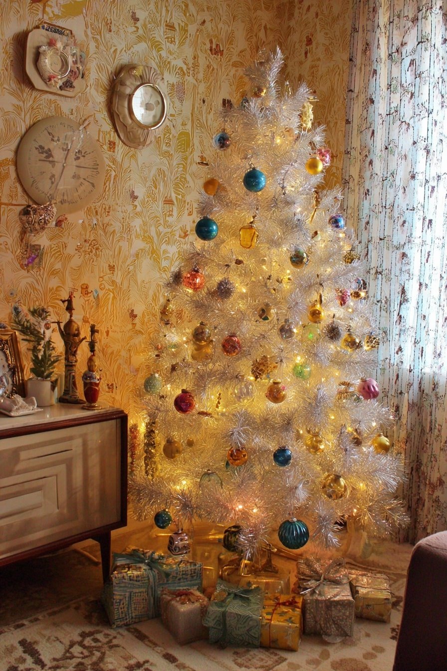 Retro Tinsel Tree with Jewel-Toned Baubles – Shimmering Holiday Glamour
