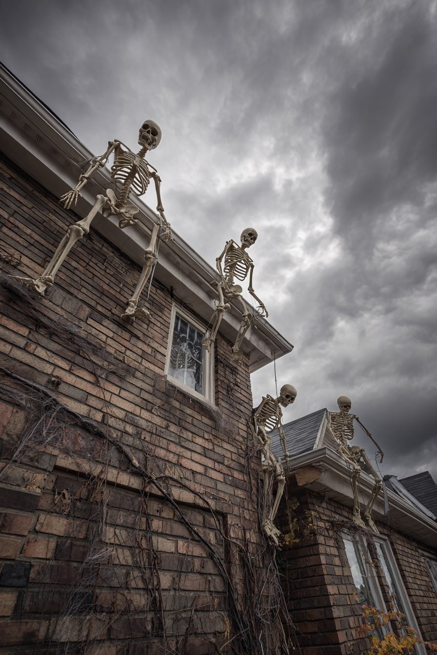 Rooftop Mischief – Skeletons Perched and Climbing on House Facade