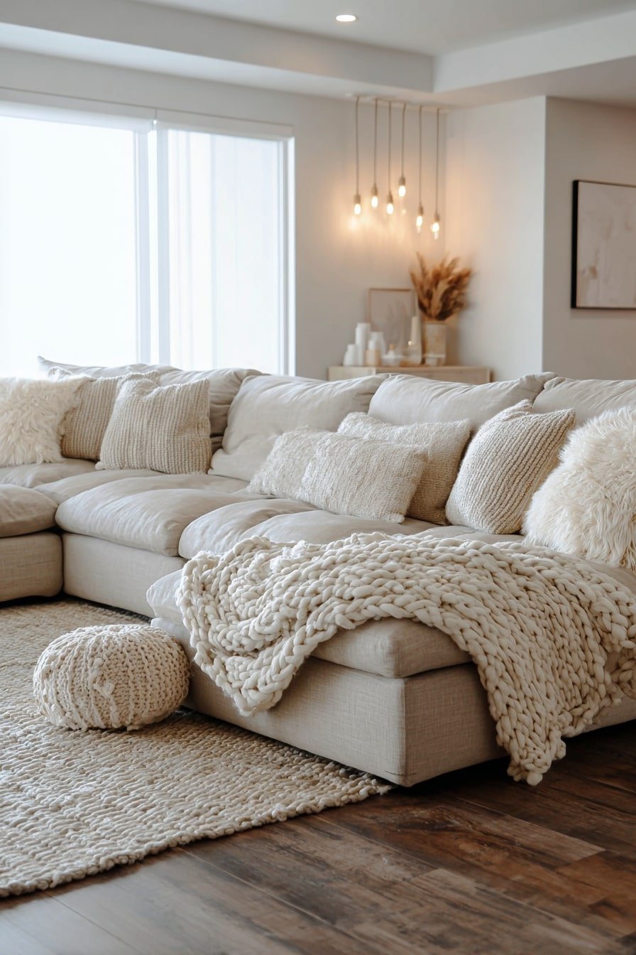 Soft Beige Cloud Couch Scene – A Sanctuary of Texture and Light