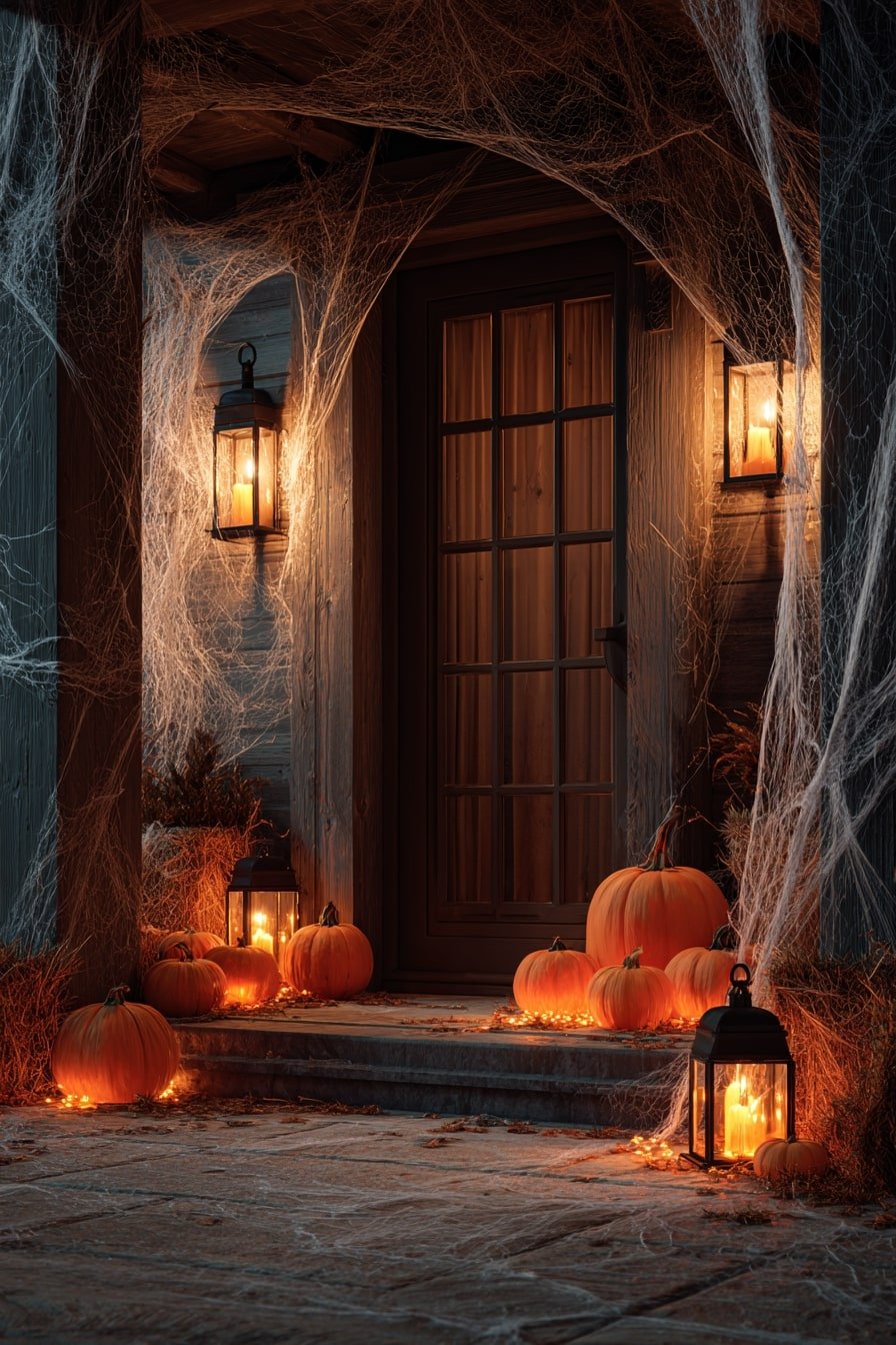 Spooky Doorway with Cobwebs & Lanterns