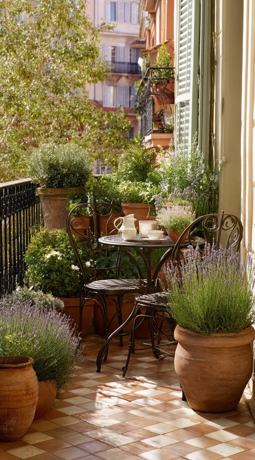 French Balcony Garden with Terracotta and Lavender Elegance