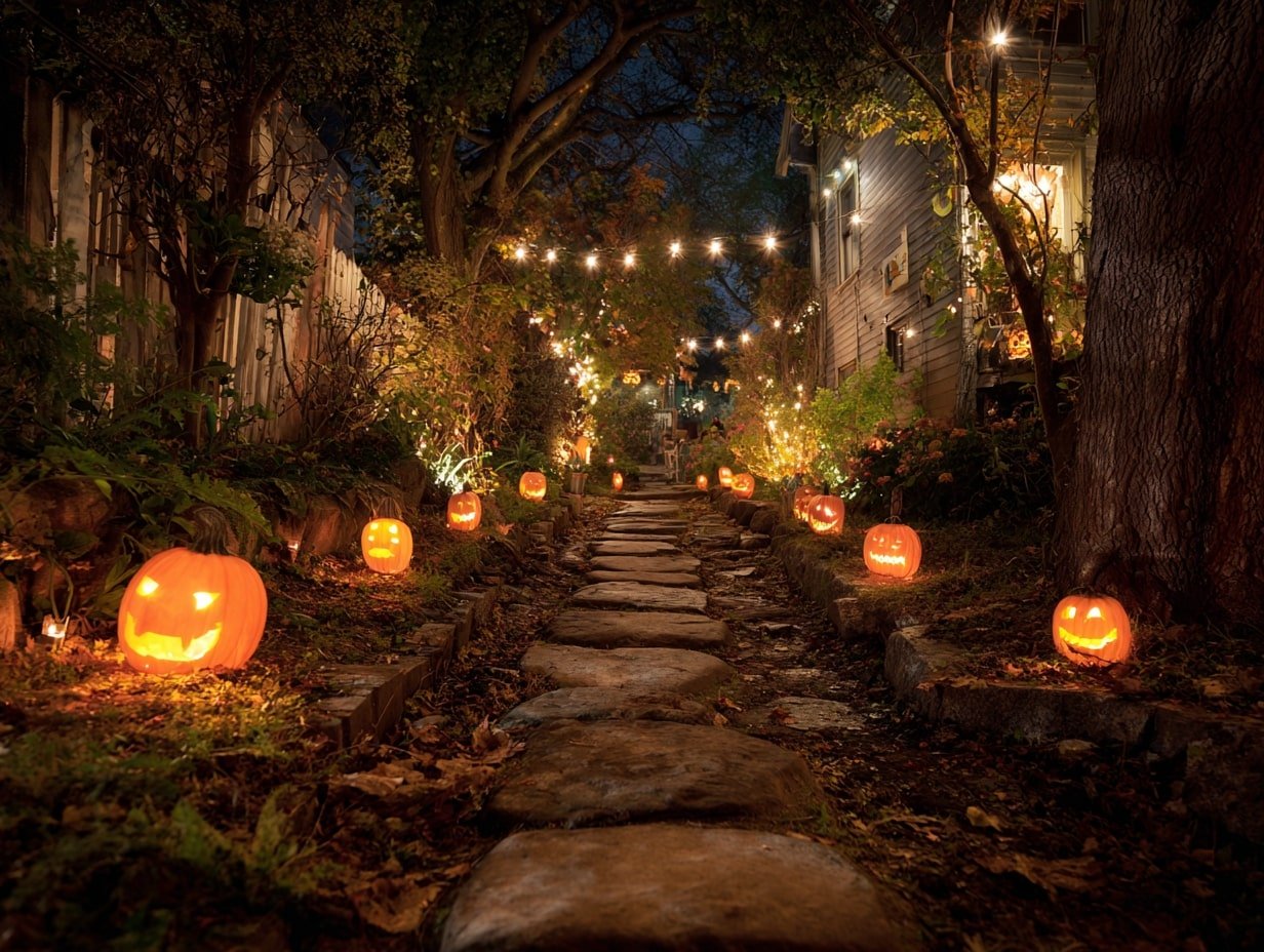 Pumpkin-Lit Pathway Through a Haunted Garden