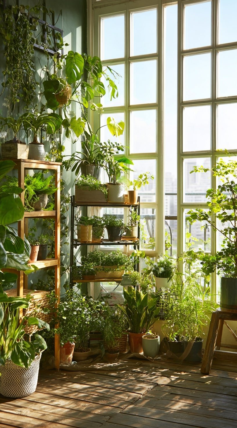Sunlit Indoor Balcony Garden with Lush Greenery and Wooden Floors