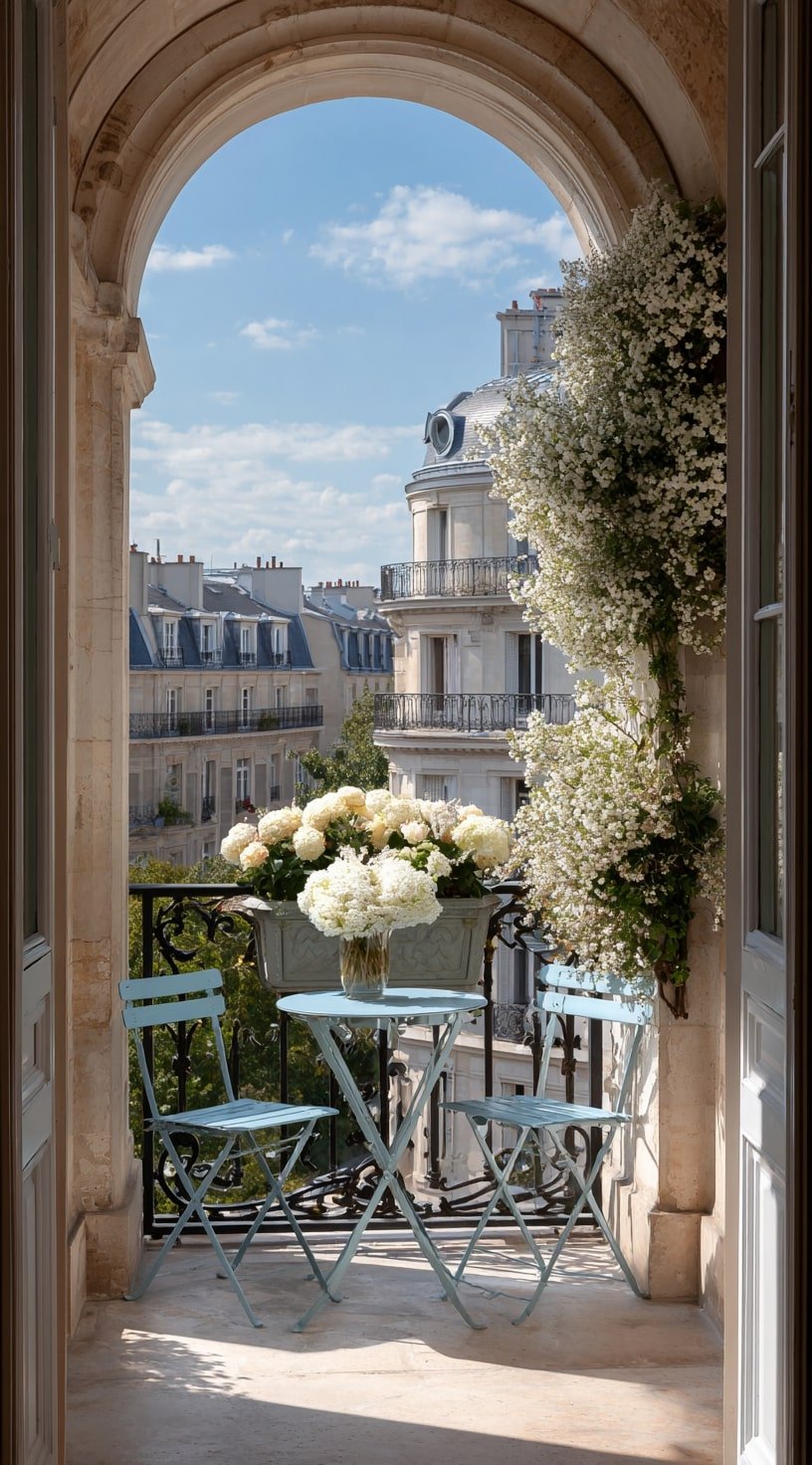 Parisian Balcony with Arched Elegance and White Florals