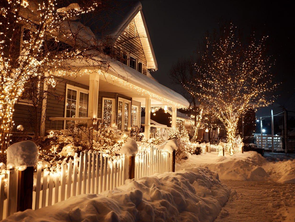 Snow-Kissed Glow – A Porch Drenched in Holiday Light