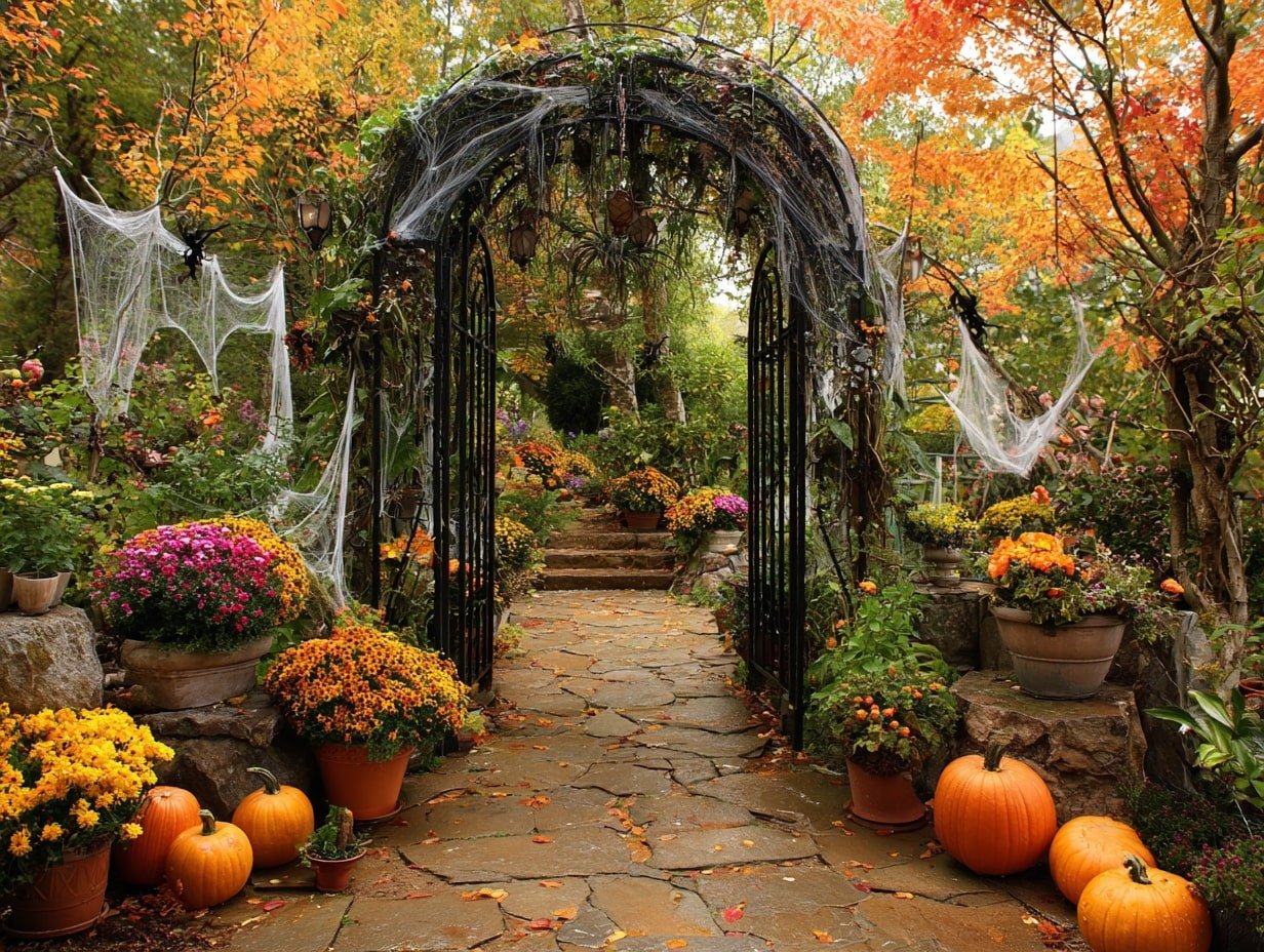 Webbed Garden Gate – Blending Autumn Bloom with Halloween Gloom