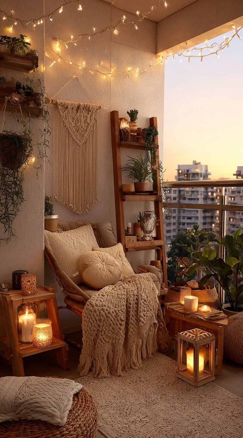 Boho-Inspired Balcony Garden with Warm Ambient Layers