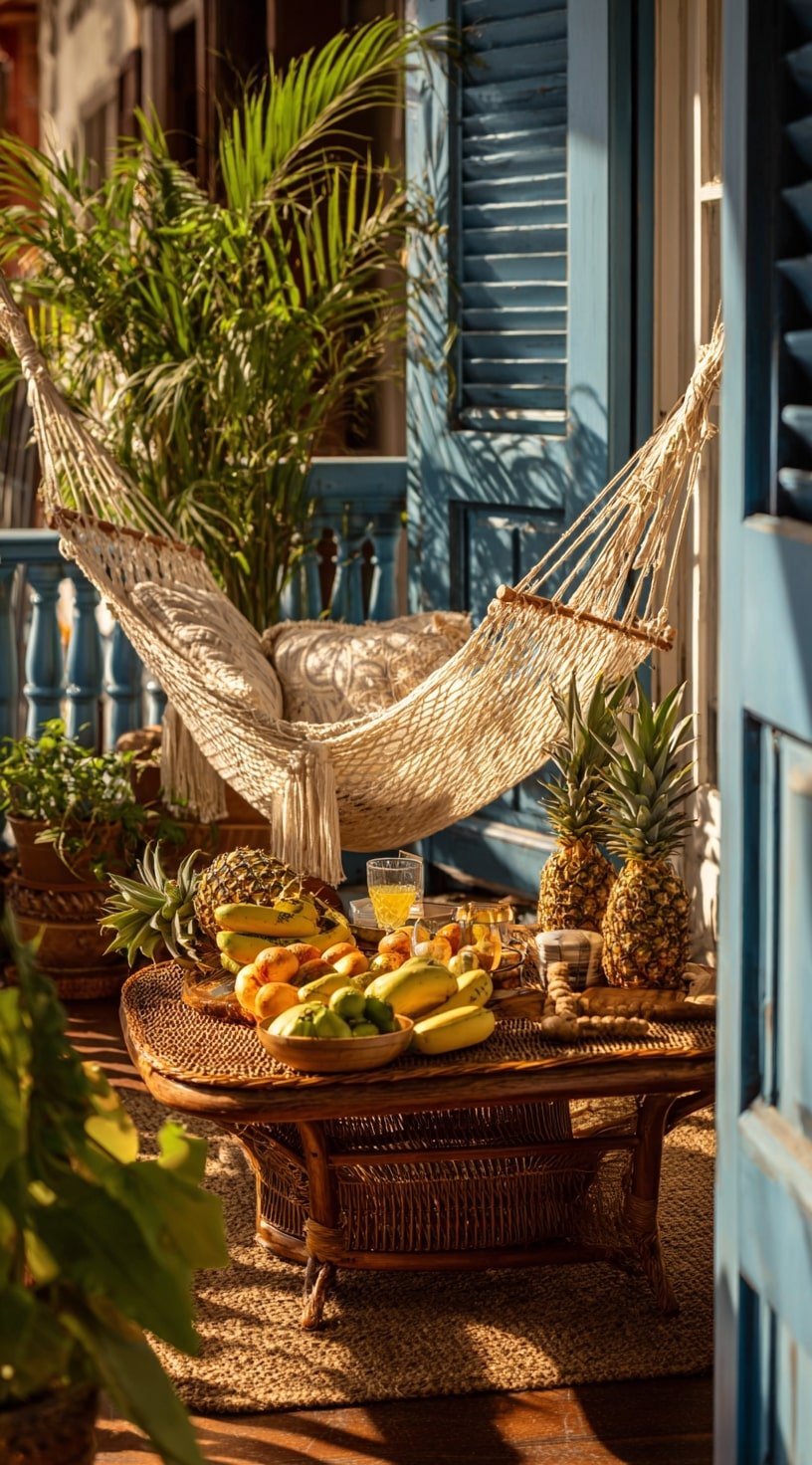 Tropical Balcony Escape with Hammock and Fresh Fruit Spread