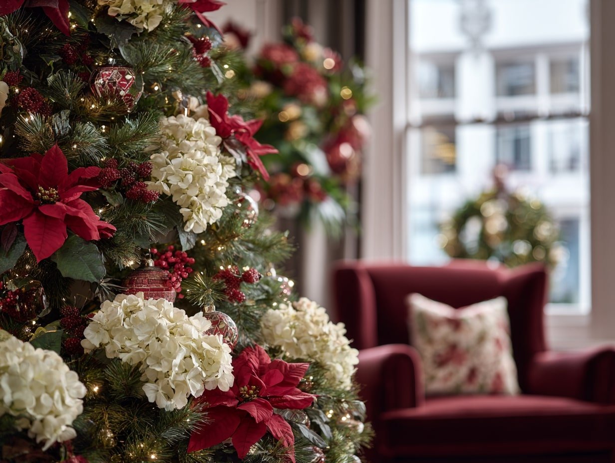 Classic Holiday Elegance – Red Poinsettias and Ivory Blooms