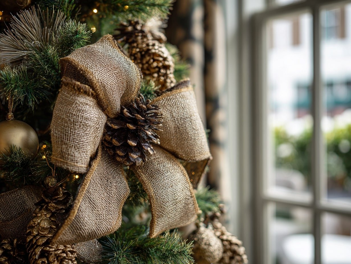 Rustic Texture with Pinecones and Burlap Bows