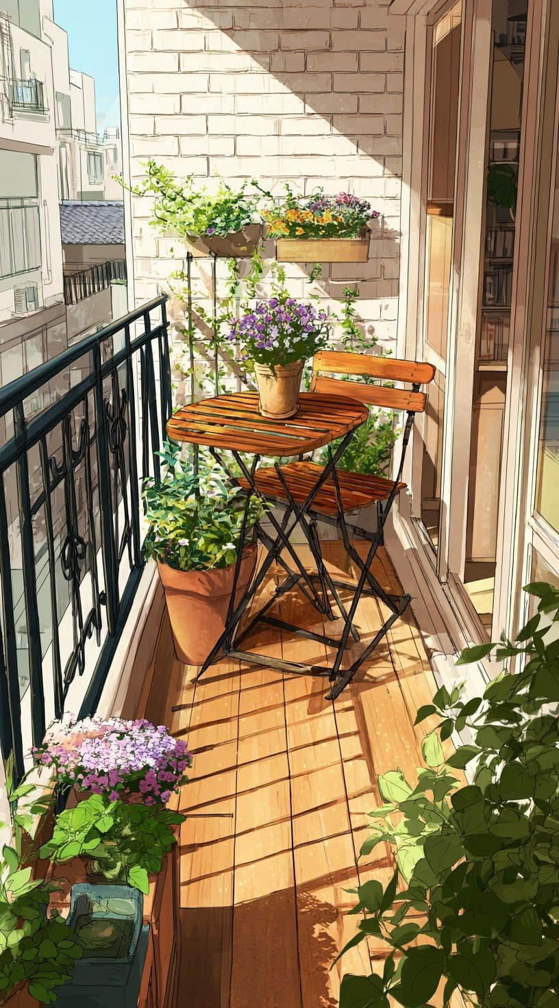 Sunlit Balcony with Foldable Charm and Soft Florals