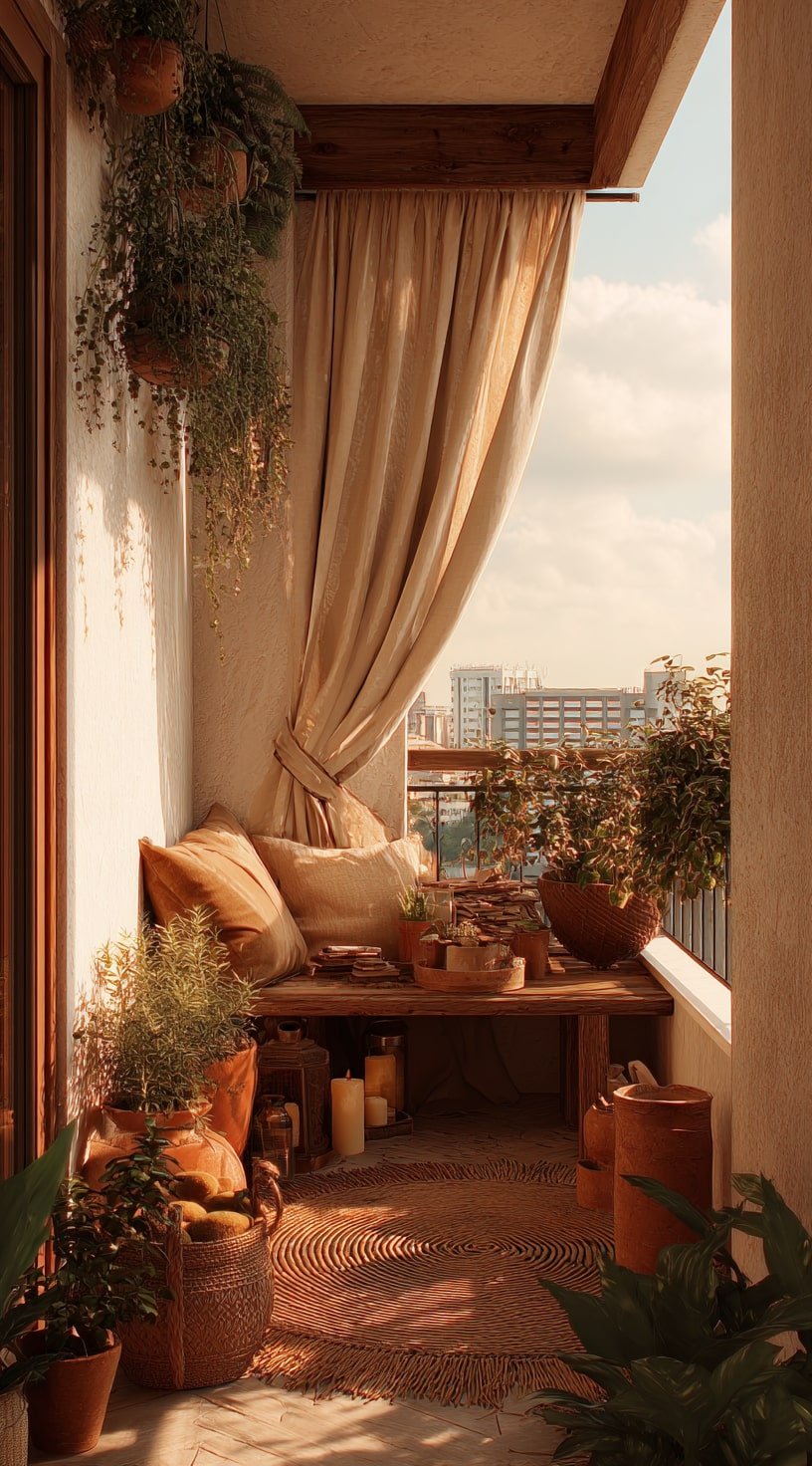 Clay-Toned Balcony Garden with Warm Southern Light