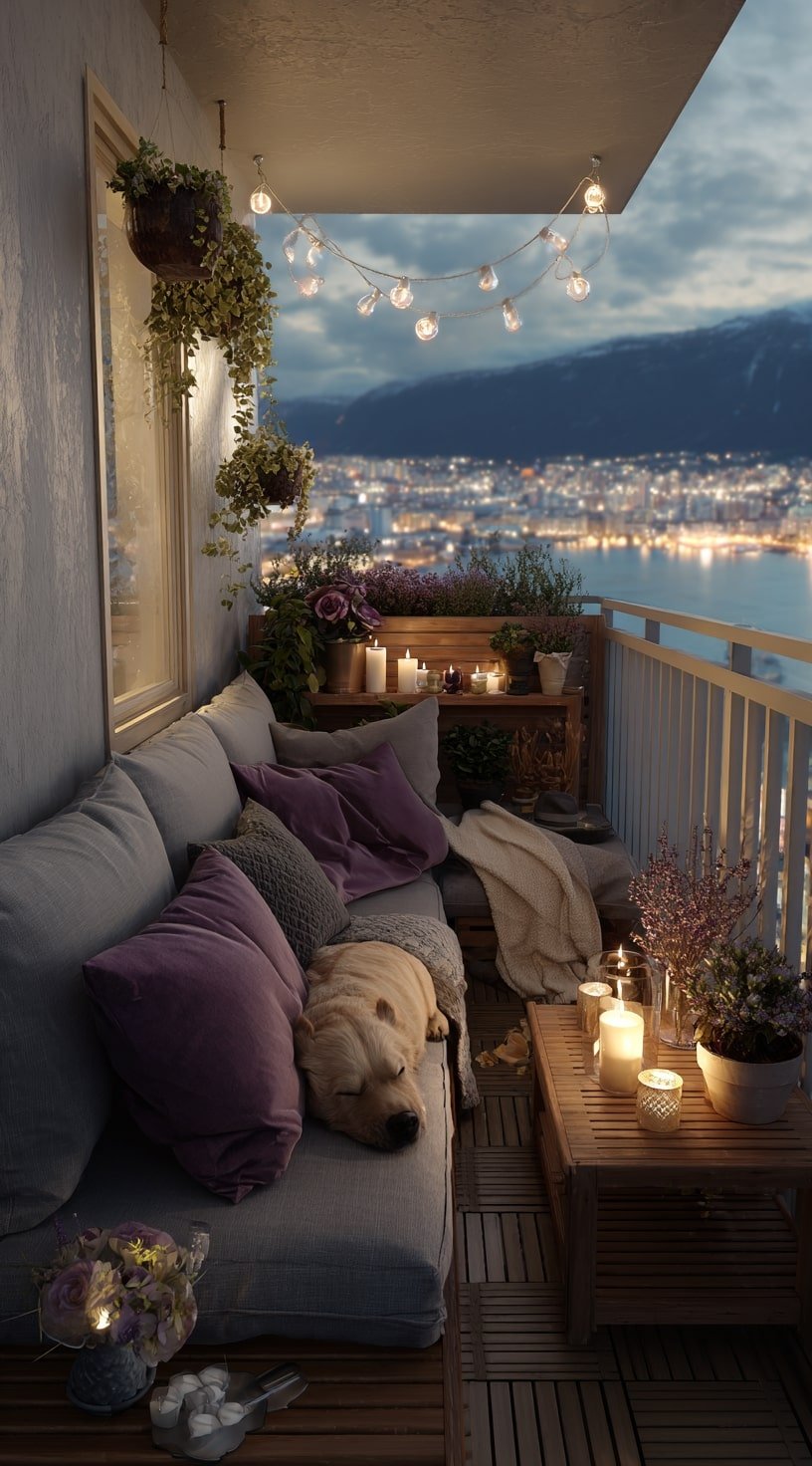 Twilight Balcony Garden with Moody Lighting and Lavender Tones