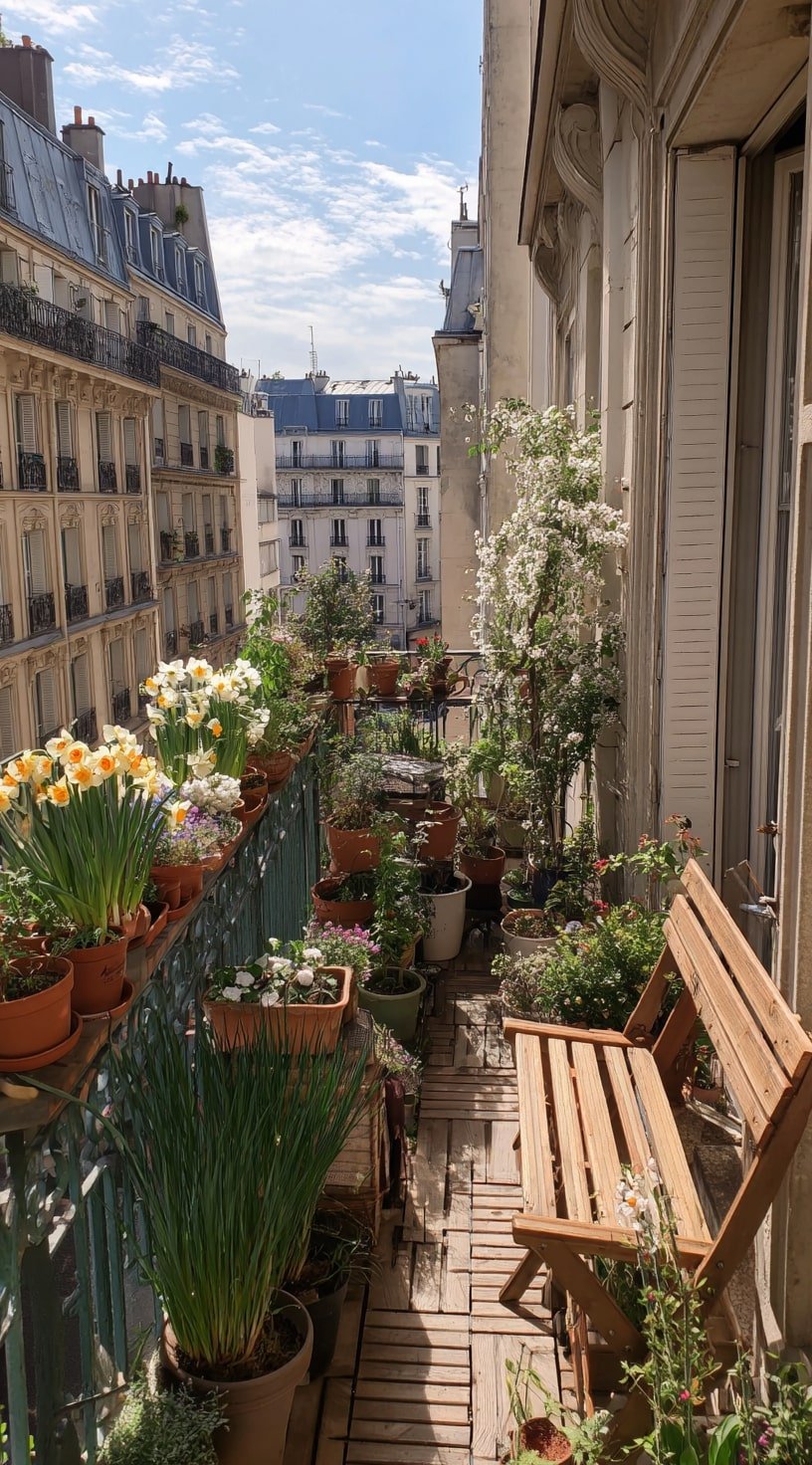 Flower-Lined Parisian Balcony with a Rustic Botanical Touch