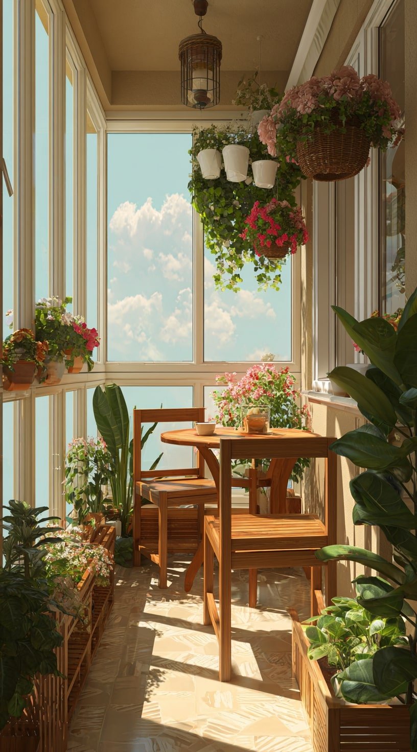 Bright Enclosed Balcony with Wooden Furniture and Hanging Blooms