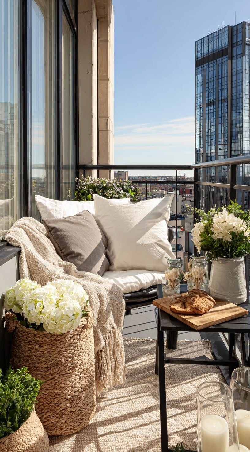 Urban Balcony Retreat with Soft Neutrals and Woven Texture