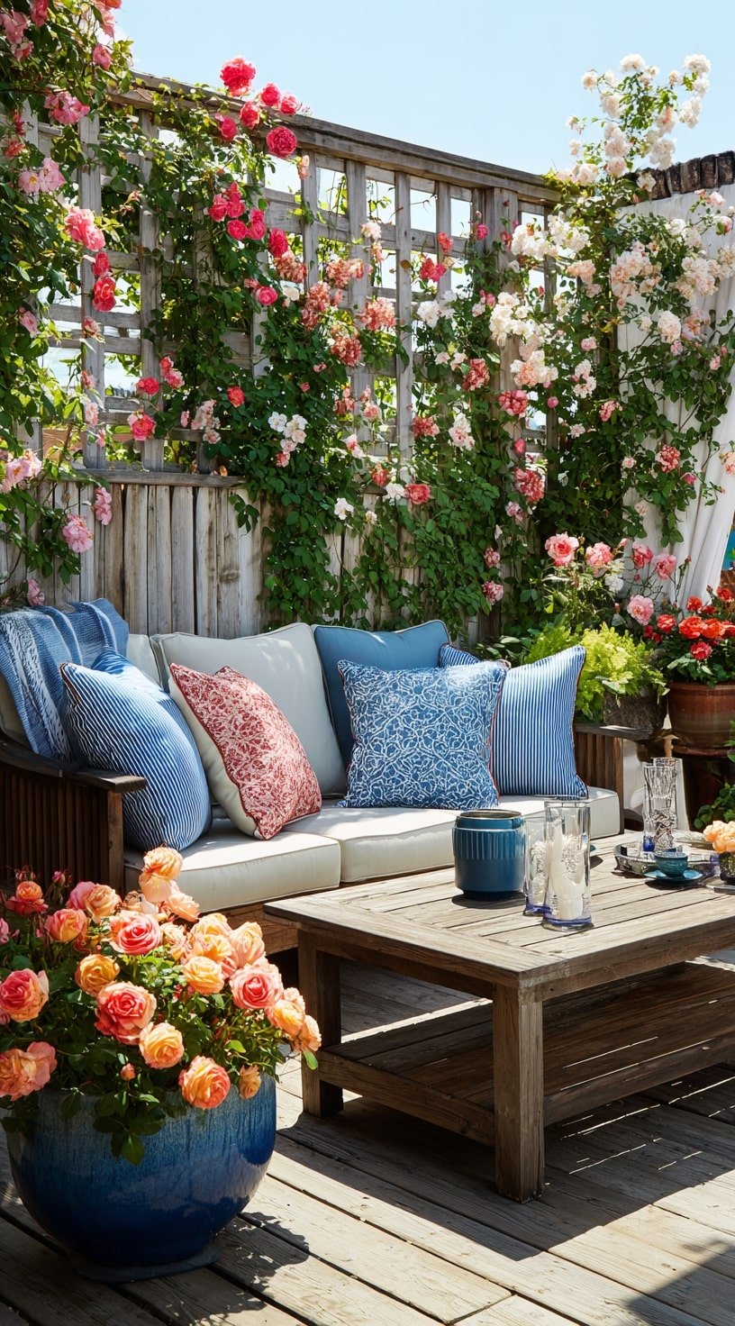 Climbing Rose Oasis with Coastal-Inspired Lounge